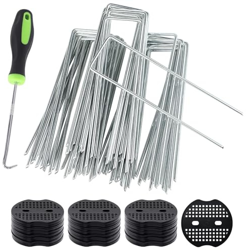Grapas Césped Artificial Galvanizadas 50 Piezas Antioxidantes 150mm | Piquetas en U con Arandelas, Estacas de Acero Resistentes para Césped Artificial, Vallas, Mallas, Jardín y Camping