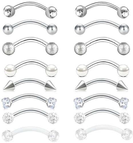 Suupii 16 PCS Eyebrow Piercing Jewellery Vertical Labret Lip Bars Eyebrow Bar Curved Barbell Piercing Forward Helix Banana Bars Jewelry Jewellery 12mm