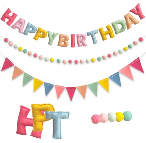 Reusable Felt Happy Birthday Banner - Felts Fabric Banner Felt Ball Garland - Happy Birthday Garland, Handmade Letters & Balls Personalized Party Sign for Birthdays Party Decorations (Pink H)