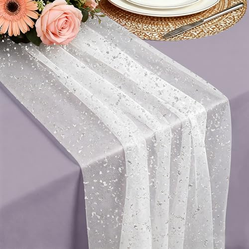 Foatcox Runner de Tavolo Argento, 75 x 300 CM Leggero Fluido Runner de Tavolo in Tulle di Garza Foglia d’Argento per Matrimoni Bohémien, Compleanno, Decorazione per Tavola della Cucina e Archi