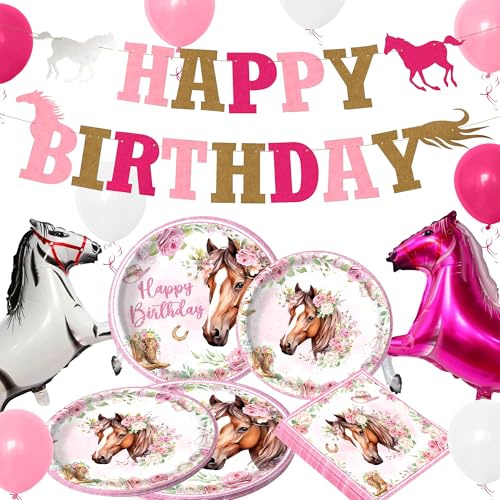 Rosa Pferde Geburtstagsdeko Luftballon Pferd Folienballon Birthday Banner | Rosa Pferde Geburtstagsdeko Luftballon Pferd Folienballon Birthday Banner Girlande Pferd Pappgeschirr Pappteller Western