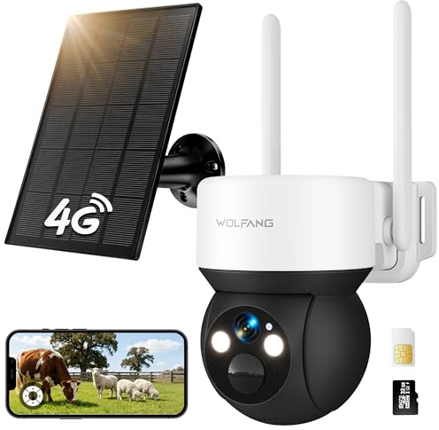 WOLFANG Ingen WiFi-säkerhetskamera, 4G CCTV-kamera med SIM-kort, kamera trådlös utomhus, soldriven, nattvision, spotlight, 2K HD, lokal inspelning, 2-vägs ljud, PIR-rörelse, 32 GB microSD-kort