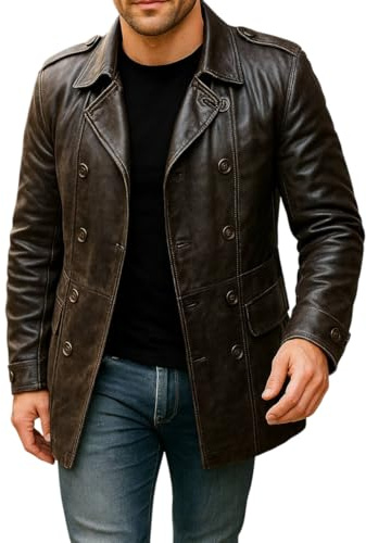 Mens 3/4 Mid Length Genuine Lambskin Leather Double Breasted Trench Coat - Vintage Brown Leather Blazer Jacket Car Coat