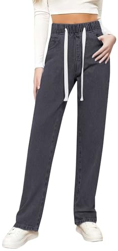szvbofueck Jean pour femme taille haute - Pantalon en denim coupe droite - Taille élastique - Pantalon de loisirs - Jean stretch - Couleur unie - Pantalon extensible confortable avec cordon de serrage