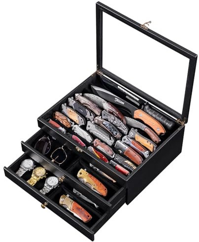 Emfogoo 3 Etagen Messer-Vitrine, Große Holz Messerhalter mit Transparentem Deckel und Schubladen, Taschenmesser-Vitrine für Klappmesser- und Dolchsammlungen, Heimdekoration, Männergeschenke (Walnuss)