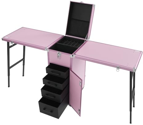 Nagelbord kosmetisk väska med lådor och hjul av aluminium och ABS för nagelstudio hemmabruk lastkapacitet 100 kg och hopfällbara sidobord för 4 personer, ROSA