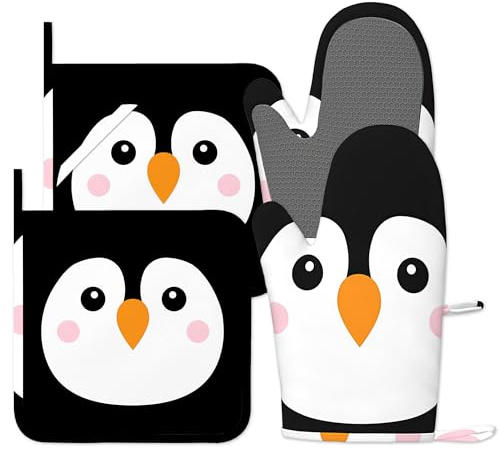 Oven Mitts and Pot Holders Sets, Novelty Funny Penguin Oven Gloves Heat Resistant, Cute Baker Stuff, Chef Cooking Baking Gifts for Bakers, Kitchen Gifts for Cooking Lover Cooks Mom