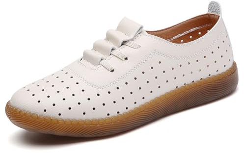 Mocasines Mujer de Cuero con Cordones Cómodos Casuales Mocasín de Conducción Zapatos Planos para Oficina 35 Beige Hueco
