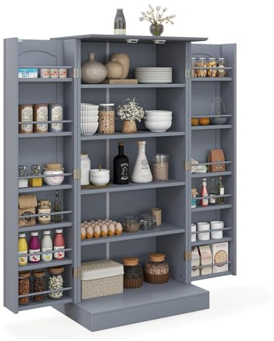 GOPLUS Vorratsschrank mit Türen, 120 cm hoch Küchenschrank, Buffetschrank mit verstellbaren Regalen & Griffe, Beistellschrank Sideboard Mehrzweckschrank für Küche, Esszimmer & Speisekammer, Grau