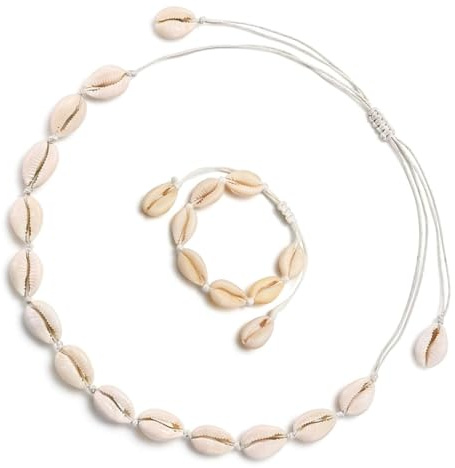 Haefan Shell Necklace Bracelet Set, Natural Shell Choker Necklace Set 2Pcs | Adjustable Seashell Pendant for Women Girls Men, Beach Summer Bohemian Jewelry, Mermaid Jewellery Gift Set