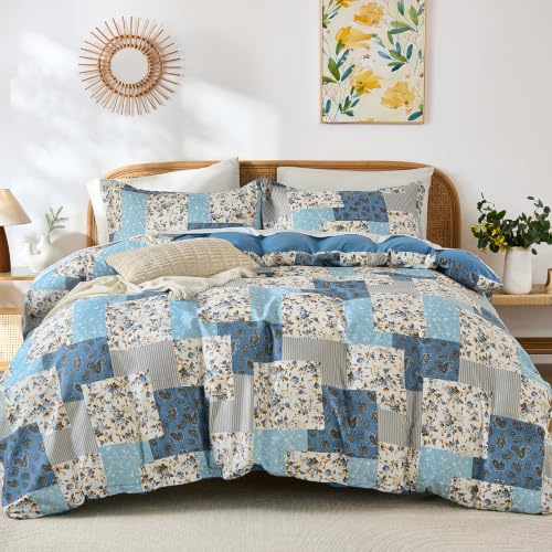 DJY Boho Floral Patchwork Duvet Cover Double Size Microfiber Bedding Set | 3PCS Blue Quilt Cover with Hidden Zipper