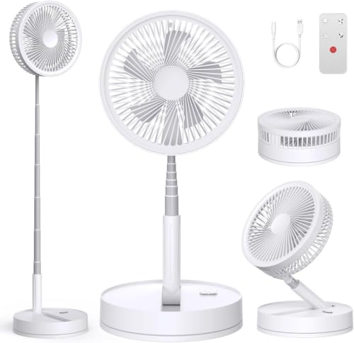 BEOSIOR Portable Pedestal Fan with Remote Control, 8000mAh Rechargeable Battery USB Powered Oscillating Standing Floor Fan, Height Adjustable Foldable Desk Table Fans for Home Office Camping (White)