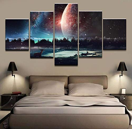 3D Leinwandbilder 5 Teile XXL Vlies Leinwand Bilder Dekoration Landschaft des Kitzes Und Der Himmelskarte Bild Auf Leinwand 5Tlg Bilder Mehrteilig Zum Aufhängen 150×80Cm (Mit Rahmen)