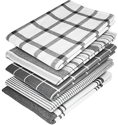Elfranso Cotton Kitchen Tea Towels - Pack of 5, Absorbent, 70 x 50 cm (Grey)