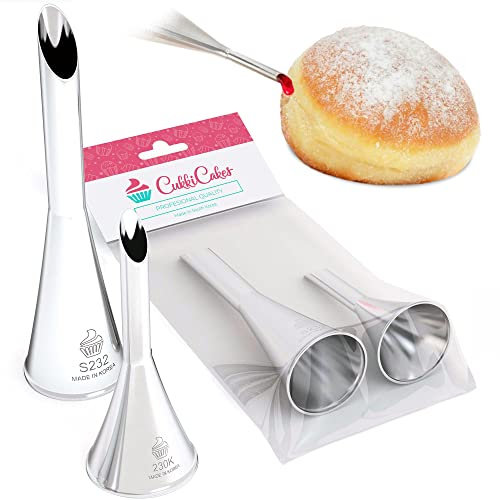 CukkiCakes 2er Set Spritztüllen zum Füllen von Krapfen (Berliner) (6 und 8mm Öffnung) - Tüllen kompatibel mit Spritzbeutel | Krapfentülle für marmelade - Bäckerspritze (Made in Korea)