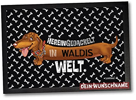Sunnywall Fußmatte Dackel Dachshund hereingedackelt Hund Dog - Personalisiert mit Wunschnamen (90 x 60 cm Gr4)