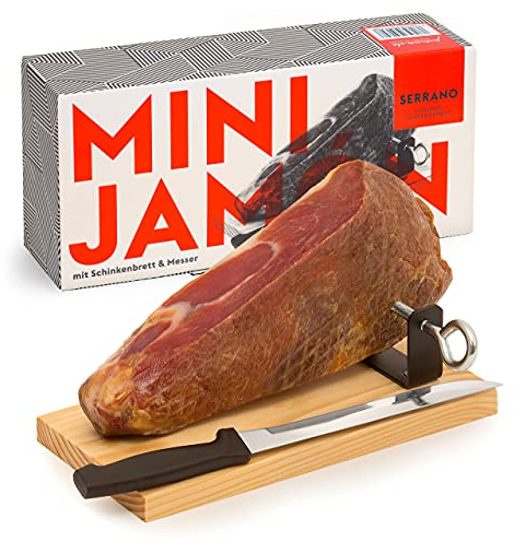 MINI-JAMON SERRANO ca. 1 kg, Schinken-Set mit Ständer und Messer | Luftgetrockneter Mini-Schinken aus Spanien, mit Holzständer und Schinkenmesser, geschenkfertig im dekorativen Geschenkkarton