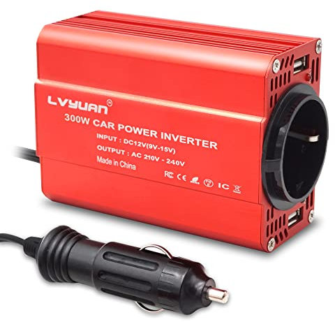 Cantonape Inverter di corrente 300 W per auto, trasformatore da 12 V a 220 V, inverter con 1 presa e 2 porte USB (5 V/2,4 A) per telefono e tablet
