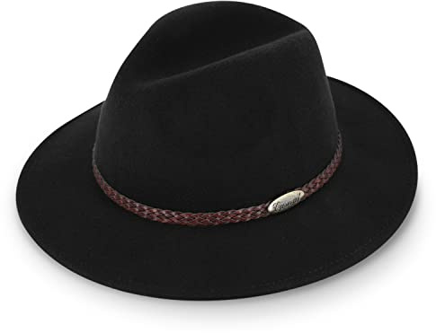 fiebig Casual Traveller Wollfilzhut | Crushable & Waterproof Rollhut mit geflochtener Lederbandgarnitur (57-M, Schwarz)