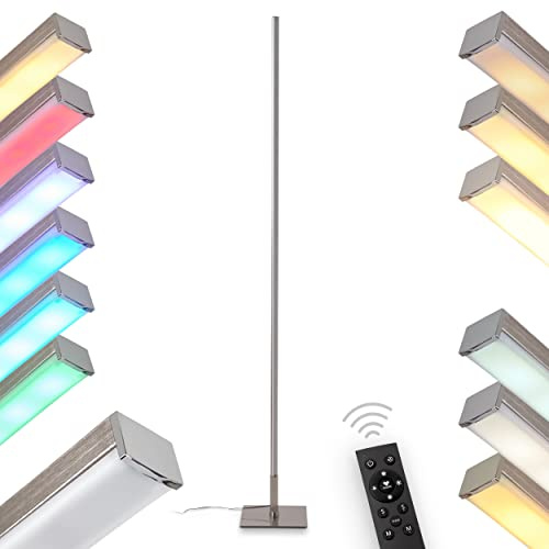 LED Stehlampe Minacar, dimmbare Stehleuchte aus Metall in Nickel-matt/Weiß, 14,5 Watt, 1500 Lumen, 2700-5000 Kelvin, mit RGB Farbwechsler u. Fernbedienung, Memory-Funktion u. Regenbogen-Effekt