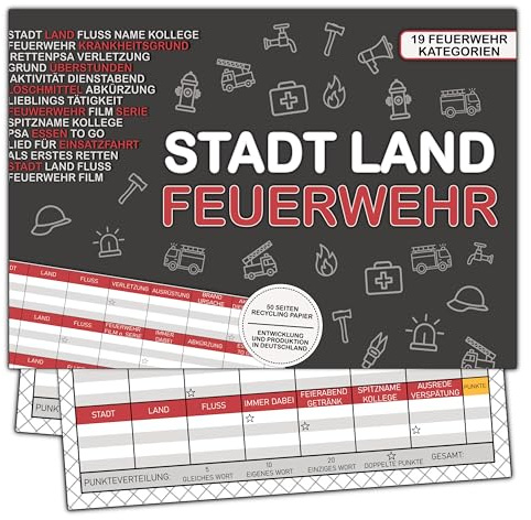 Stadt Land Feuerwehr Freiwillige Feuerwehrmann Geschenk Rätsel 50 Seiten DIN A4 Recycling Papier, mit Block