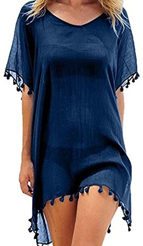 FFWTPY Mujer Suelto Vestido de Playa V Cuello Gasa Camisolas y Pareos con Borla Ropa de Baño de Playa Transparente Bikini Cover Up (Azul Marino)