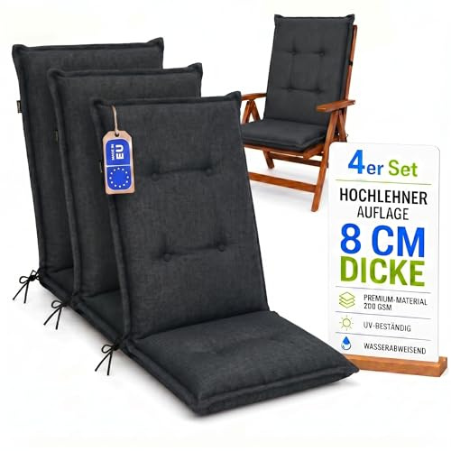 Pillows24 Hochlehner Auflagen 4er Set 120x50x8cm, Wasserabweisend & UV-fest | Premium-Material 200gsm, Extra dicke Polsterung 8 cm, Sitzauflagen Hochlehner, Sitzkissen Gartenstuhlauflagen, Graphit