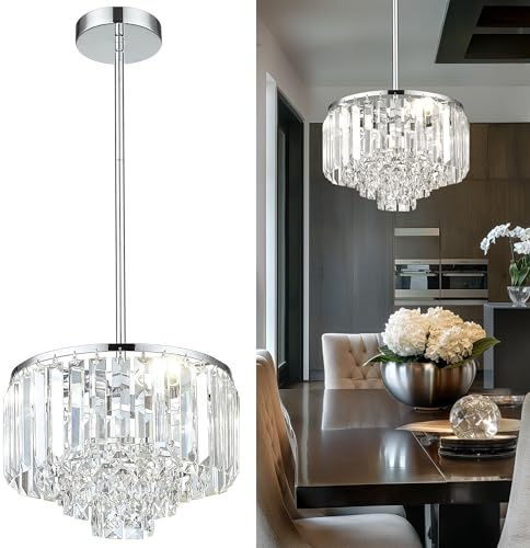 Cargifak Crystal Chandelier, 4-Tier Modern Chandelier with Polished Chrome Finish, Pendant Light for Dinning Room Kitchen Island Bedroom Entryway, CC4215-3W-PC