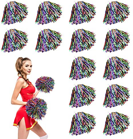 16 Stück Cheerleader Pompons,Cheerleading Pom Poms mit Griffen,Handblumen Metal Foil Cheers Ball,Cheer Poms,Cheerleading Pompons für Sportveranstaltungen Ballspiele Tänze Karnevalspartys Verwendet