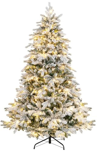 COSTWAY 180 cm Künstlicher Weihnachtsbaum mit Beleuchtung und Schnee, Tannenbaum mit 260 warmweißen LED-Lichtern, Christbaum mit Metallständer, Kunstbaum Weihnachten für Zuhause, Weiß