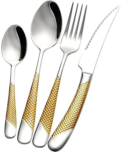 Exeton Luxury Signature 4PCS Cutlery Set, for 1 Person, Stainless Steel, Silver, Gold, 2-in-1 Steak Knives, Dishwasher Safe (Signature - Gold/Silver, 4)