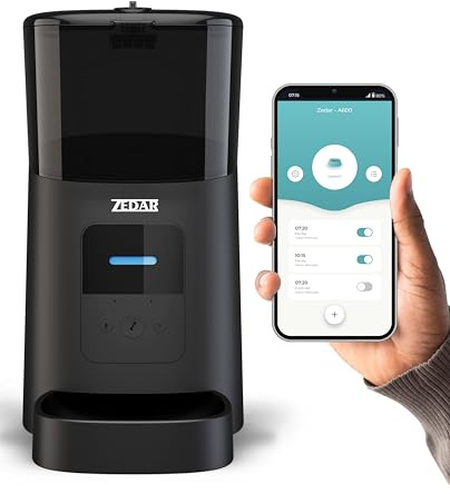 Futterautomat Katze - Edelstahl napf - 6 Liter - mit APP Steuerung - Automatischer Futterspender für Trockenfutter - Design für Katzen & Hunde - Schwarz - Zedar A600