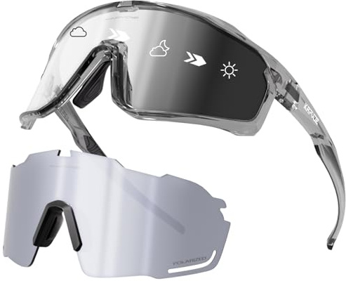 KAPVOE Fahrradbrille Polarisiert Selbsttönend Radbrille Wechselglaeser Photochromatische Sonnenbrille Sportbrille MTB Brille Herren Damen Klar MTB Rennrad Radsport Sportbrille