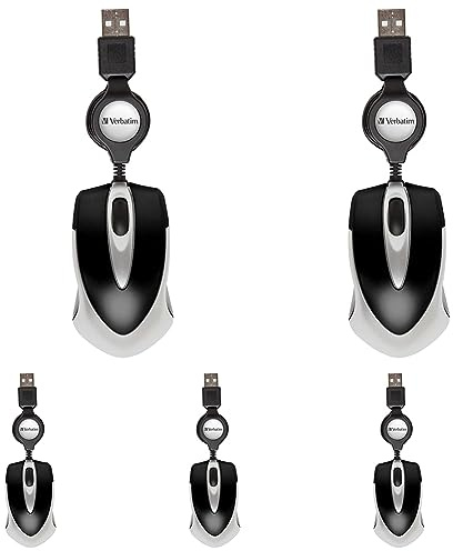 Verbatim Go-Mini optische Travel-Maus, kleine Computermaus mit einziehbarem Kabel, USB-A, USB-Maus mini mit 1000 DPI, für Laptop, Notebook, PC und MAC, kompaktes Design, schwarz (Packung mit 5)