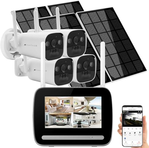 VisorTech Solarkamera: Funk-Überwachungs-Set: Monitor-Rekorder + 4X 2K-Solar-Kamera, PIR, App (Solar Überwachungskamera außen, Solarbetriebene Kamera, PC)