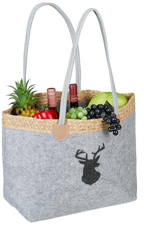 Relaxdays Filztasche, 35 l, Einkaufstasche & Kaminholzkorb, faltbar, Hirschmotiv, mit Henkeln, Einkaufskorb Filz, grau