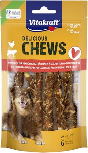 Vitakraft Chews, Hundesnack, Kaurolle zur Belohnung, aus getrockneter Rinderhaut, umwickelt mit magerem Hühnchenfleisch, fettarm, für kleine Hunde (1x 6 Stück)