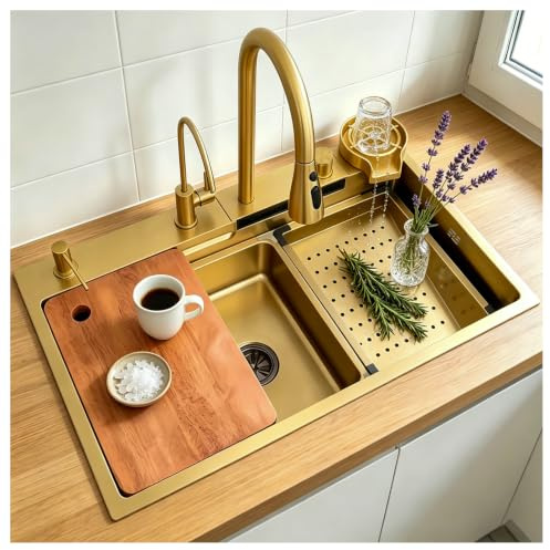Vattenfall Guld Diskbänk 304 Rostfritt Stål - Inhemsk Bar Set, Avtagbar Kran, Drop-in/Undermonterad (Style: Gold, S)