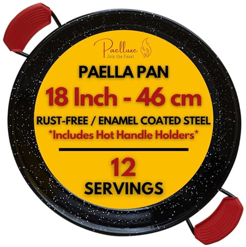 18 Inch Paella Pan 12 Servings - Enamelled No Rust Easy to Clean Steel Pan Propane - Gas Burners for Cooking - Indoor & Outdoor Cooking Skillet - Cacerola Paellera Sarten