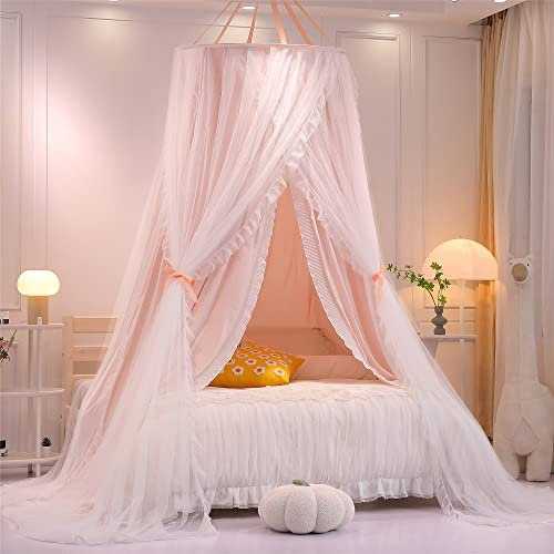 HUOQOU Double Layer Princess Round Dome Canopy Bed Curtain for Girls Children Dreamy Mosquito Net Cute Bedroom Decoration Castle Play Tent Reading Corner (Pink/White)