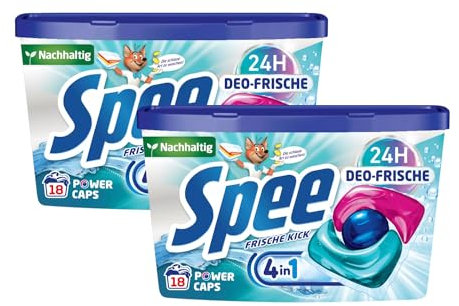 SPEE Power Caps Deo-Frische Frische-Kick 2x 18 WL (36 Waschladungen), vordosiertes Vollwaschmittel mit 4 + 1 Formel bekämpft Alltagsgerüche für 24 h Deo-Frische, für Temperaturen von 20° - 95° C