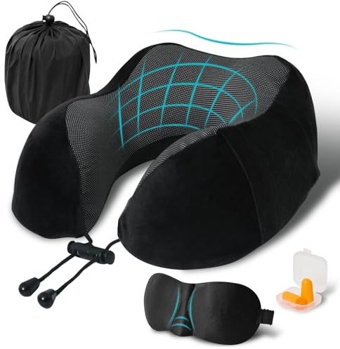 Travel Pillow, Memory Foam Neck Pillow for Traveling, U Shape Neck Pillow Airplane Portable Flight Pillow Travel Kit with 3D Contoured Eye Masks and Earplug for Plane Train Car Home Office - Black