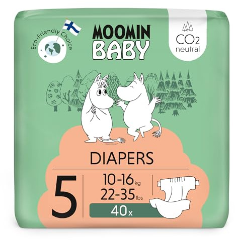Moomin Baby Öko Windeln Größe 5, 10-16 kg 40 Stück, Weiche Premium Windeln | Weich und hautfreundlich, Atmungsaktiv, Saugfähig, Keine unnötigen Chemikalien |
