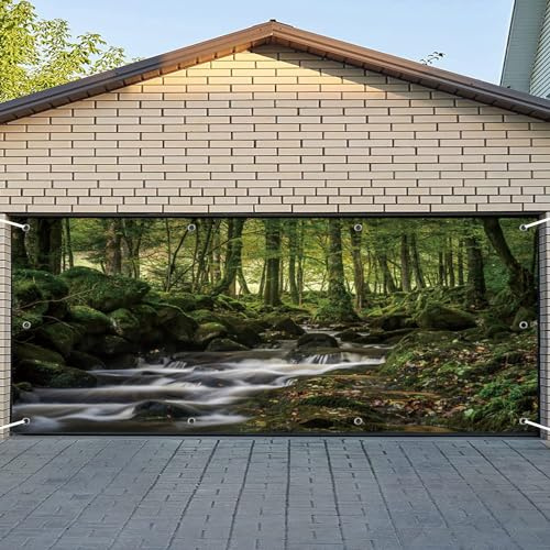 CSFOTO 6x13ft Forest Stream Garage Door Decorative Banner Tropical Forest Woodland Decorative Wallpaper Large Garage Door Cover Interior Decoration Mural Outdoor Picnic Photo Props