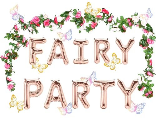 36Pcs Flower Butterfly and Ballons Fairy Party Decorations Set - Fairy Birthday Decorations, Fairy Party Supplies, Fairy Balloons, Fairy Garden Decorations, Fairy Themed Party Photo Background