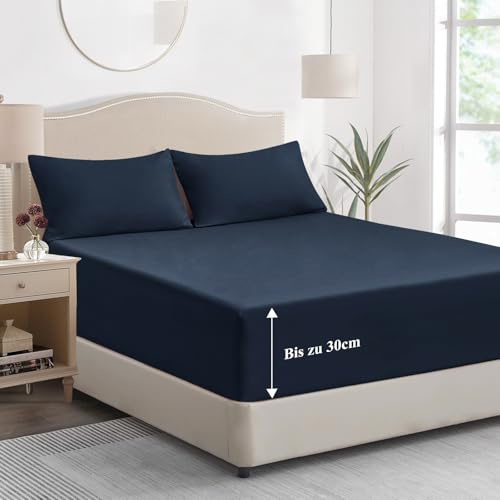 Tifschlaf Spannbettlaken 180x200cm Blau Bettlaken - Spannbetttuch 180x200 aus Weich Mikrofaser, Betttuch Bett Laken Bezug 180 x 200 Dunkelblau 30 cm Tiefe Tasche, Bed Fitted Sheet Bedsheet