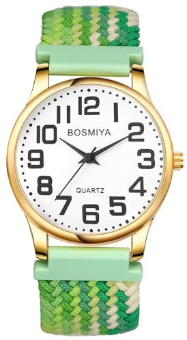 JewelryWe Geflochten Elastische Uhr für Damen Herren Kinder, Einfache Analog Quarz Armbanduhr Gewebt Stretcharmband Lässige Uhr mit großen Zahlen Zifferblatt & Gold Gehäuse für Senioren