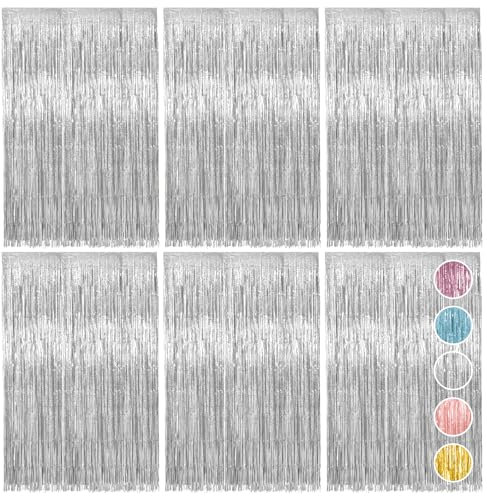 6pcs Foil Curtain, Silver Tinsel Curtain, Metallic Foil Fringe Curtains, Hanging Door Streamers for Birthday Party Wedding Holiday Graduation Bridal Shower Backdrop Decoration (3.3 x 6.6ft)