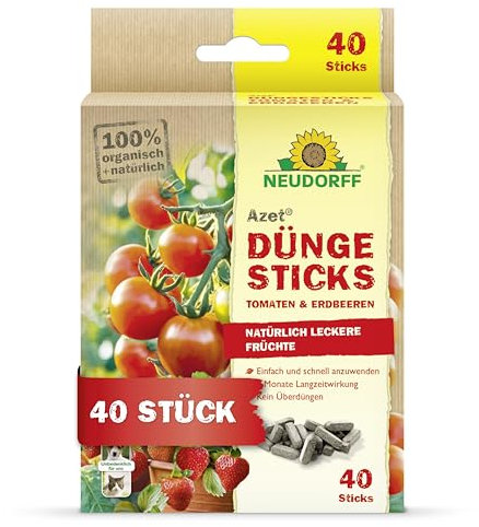 Neudorff Azet DüngeSticks für Tomaten und Erdbeeren – Bio Düngestäbchen für viele leckere Tomaten und Erdbeeren mit 2 Monaten Langzeitwirkung, 40 Stück