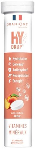 GRANIONS HYDROP - Pastilles Hydratation - Pêche - SANS SUCRES - Fabriqué en France - Electrolytes Hydratation - Vitamines, Minéraux, Magnesium - Pastille Hydratation - 20 Pastilles Effervescentes